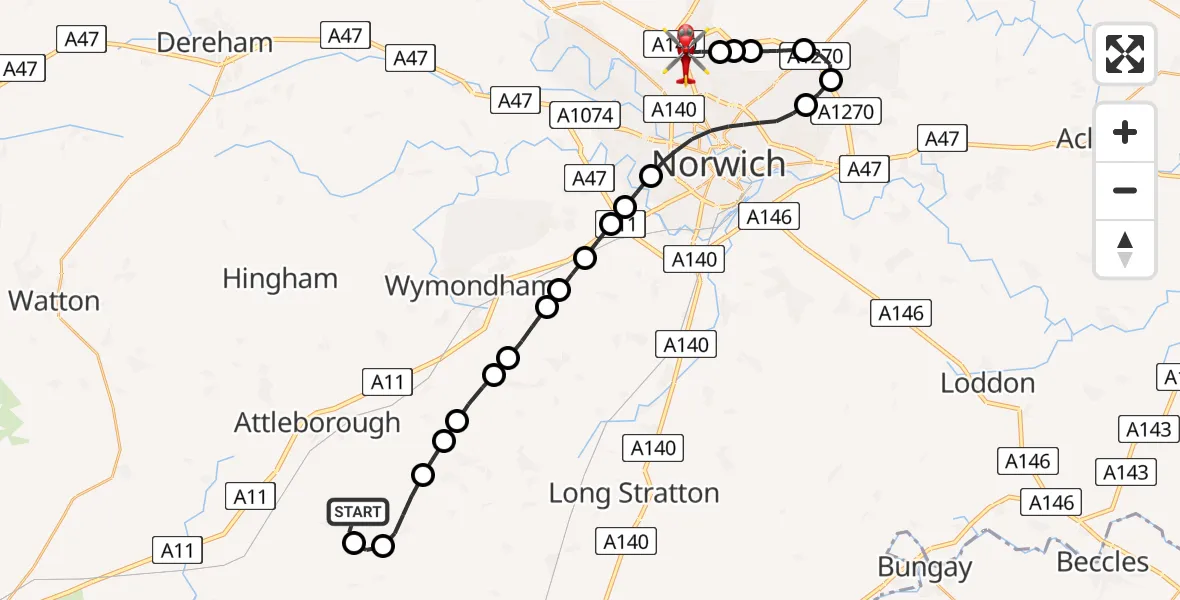 Flight route Air Ambulance Helicopter Old Buckenham - Norwich Airport, 28 July 2026, 16:25