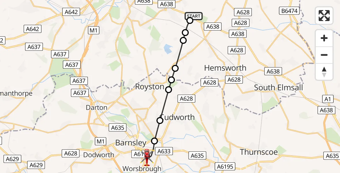 Flight route Air Ambulance Helicopter YAA Nostell Helicopter Port - Barnsley, 28 July 2026, 16:31