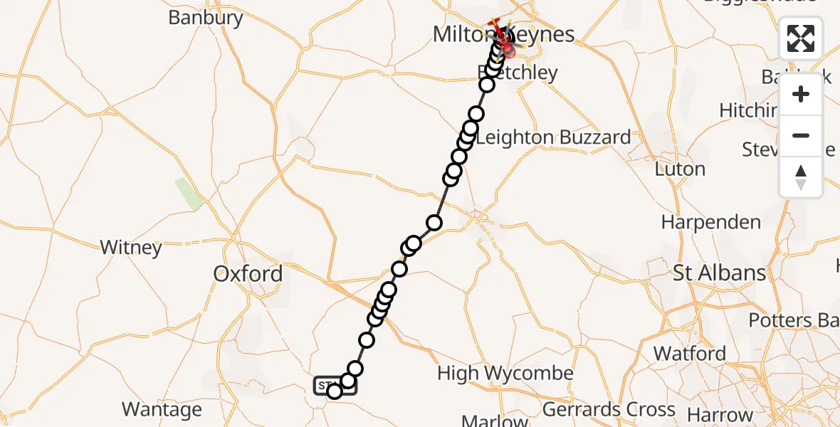 Flight route Air Ambulance Helicopter RAF Benson - Central Milton Keynes, 28 July 2026, 16:35
