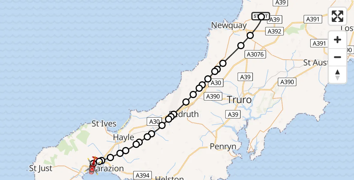 Flight route Air Ambulance Helicopter Cornwall Airport Newquay - Penzance Heliport, 28 July 2026, 16:43