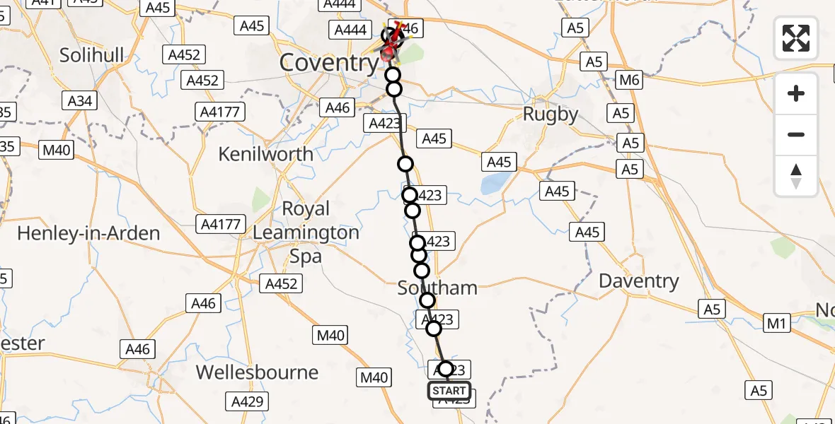 Flight route Air Ambulance Helicopter Stratford-on-Avon - University Hospital Coventry, 28 July 2026, 16:59