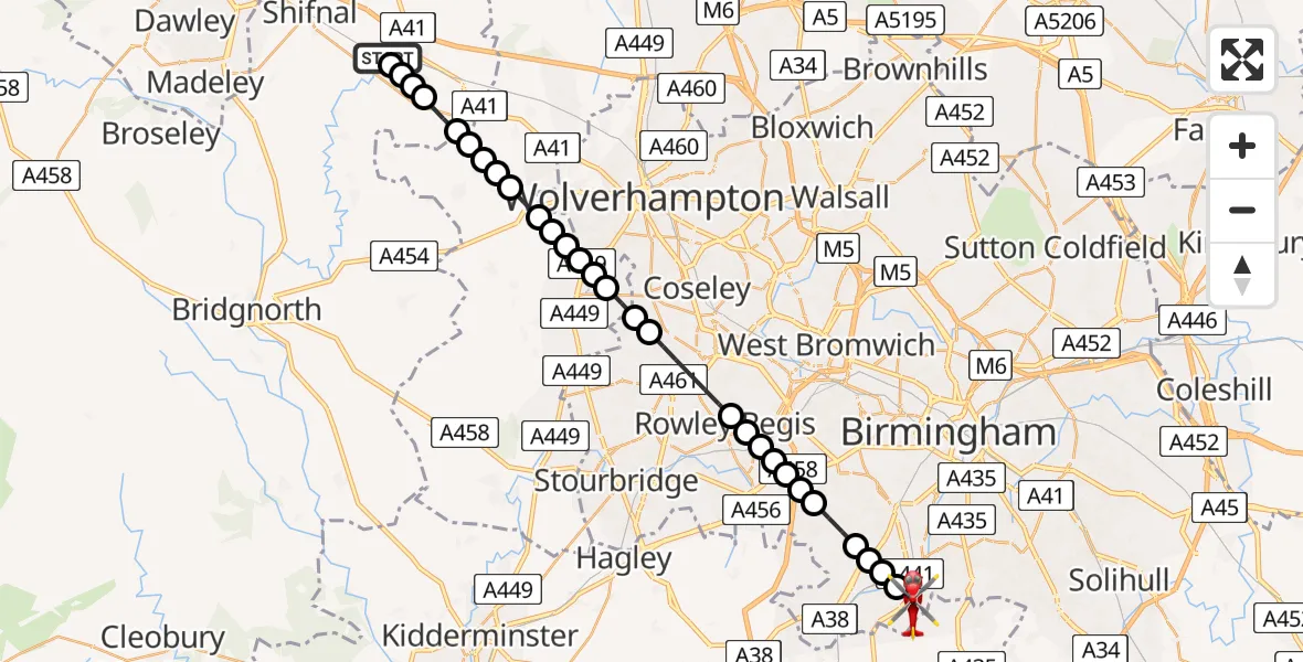 Flight route Air Ambulance Helicopter RAF Cosford - Hawkesley, 28 July 2026, 17:04