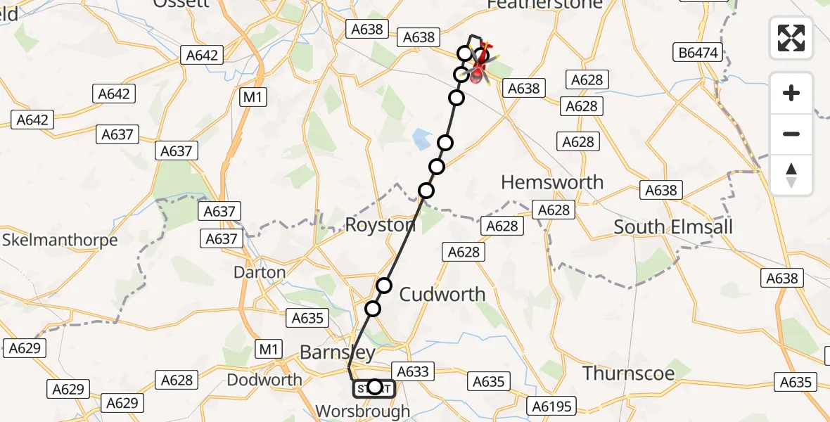 Flight route Air Ambulance Helicopter Barnsley - YAA Nostell Helicopter Port, 28 July 2026, 17:15