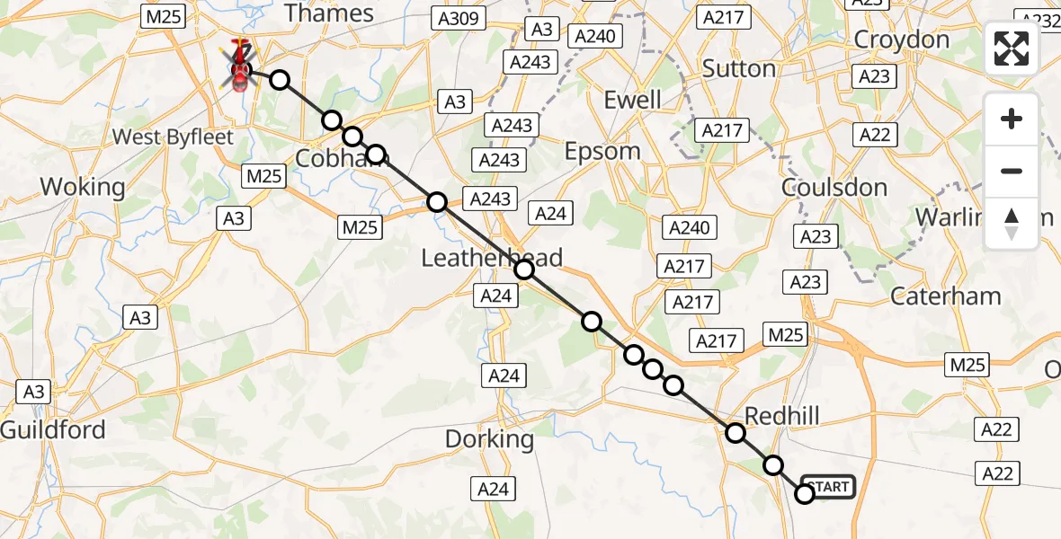Flight route Air Ambulance Helicopter Redhill Aerodrome - Runnymede, 28 July 2026, 17:27