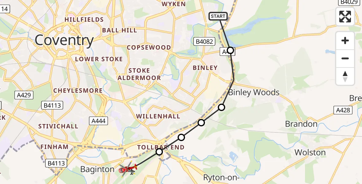 Flight route Air Ambulance Helicopter Clifford Park - Coventry Airport, 28 July 2026, 17:34