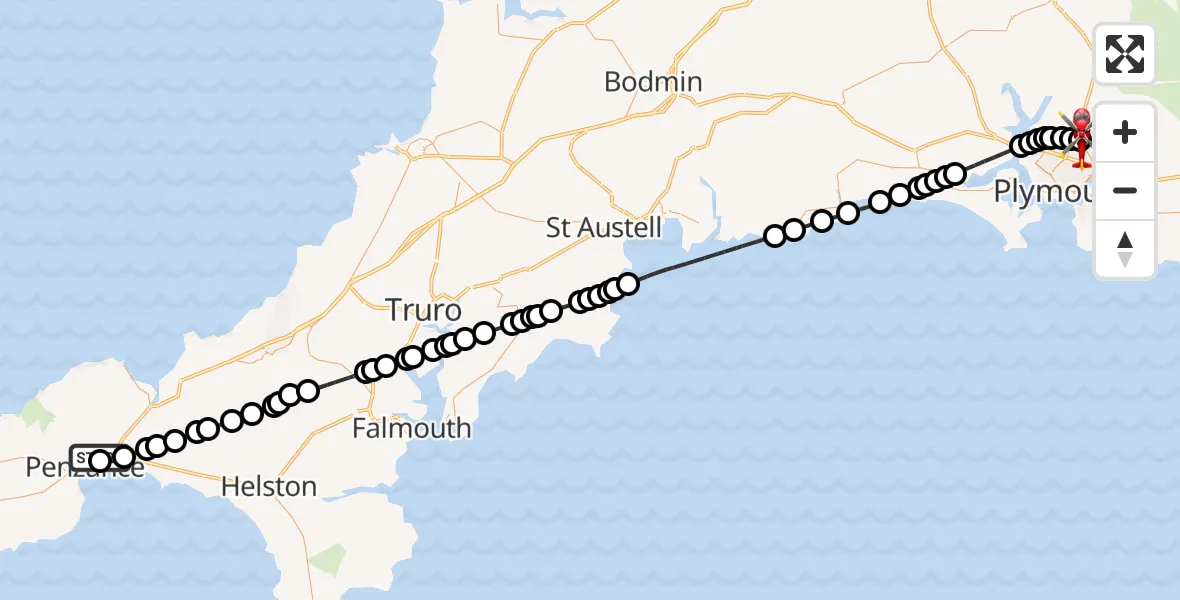 Flight route Air Ambulance Helicopter Penzance Heliport - Derriford Hospital, 28 July 2026, 17:43