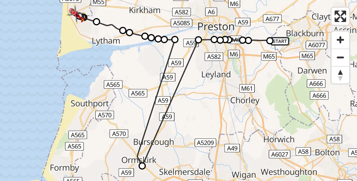 Flight route Air Ambulance Helicopter Pleasington - Blackpool Airport, 28 July 2026, 17:52