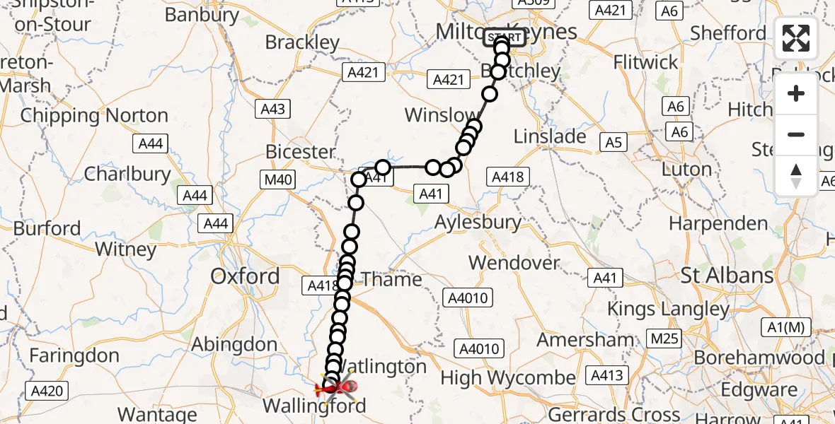 Flight route Air Ambulance Helicopter Central Milton Keynes - RAF Benson, 28 July 2026, 17:54