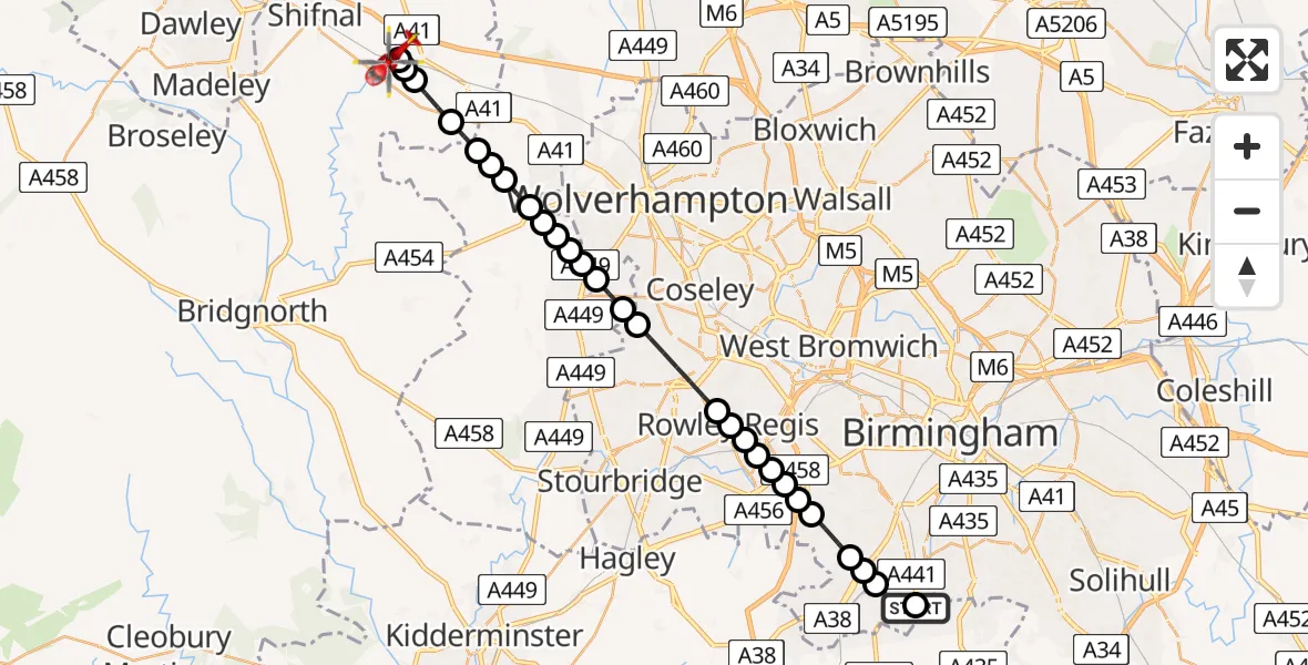 Flight route Air Ambulance Helicopter Hawkesley - Cosford, 28 July 2026, 18:06