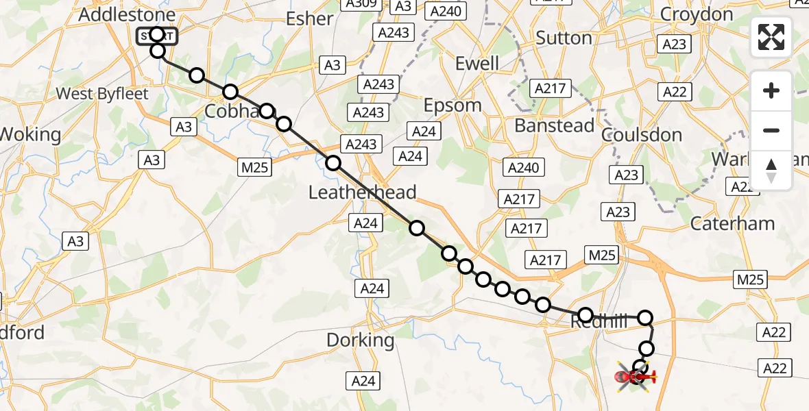 Flight route Air Ambulance Helicopter Weybridge - Redhill Aerodrome, 28 July 2026, 18:28