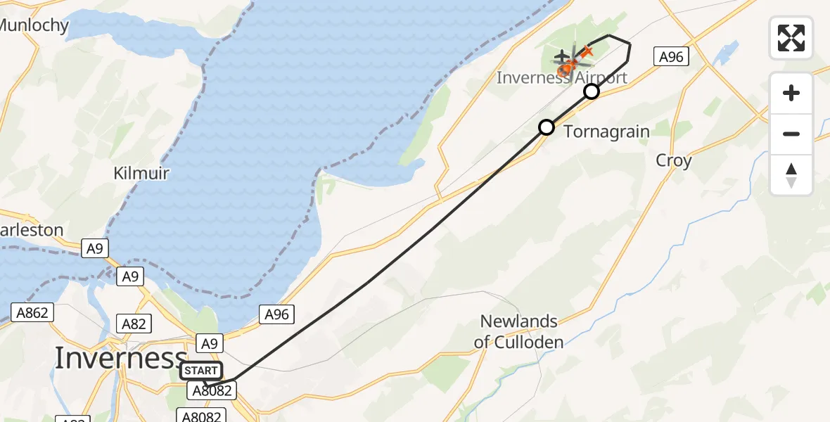 Flight route Coastguard Helicopter Inverness - Inverness Airport, 28 July 2026, 18:35