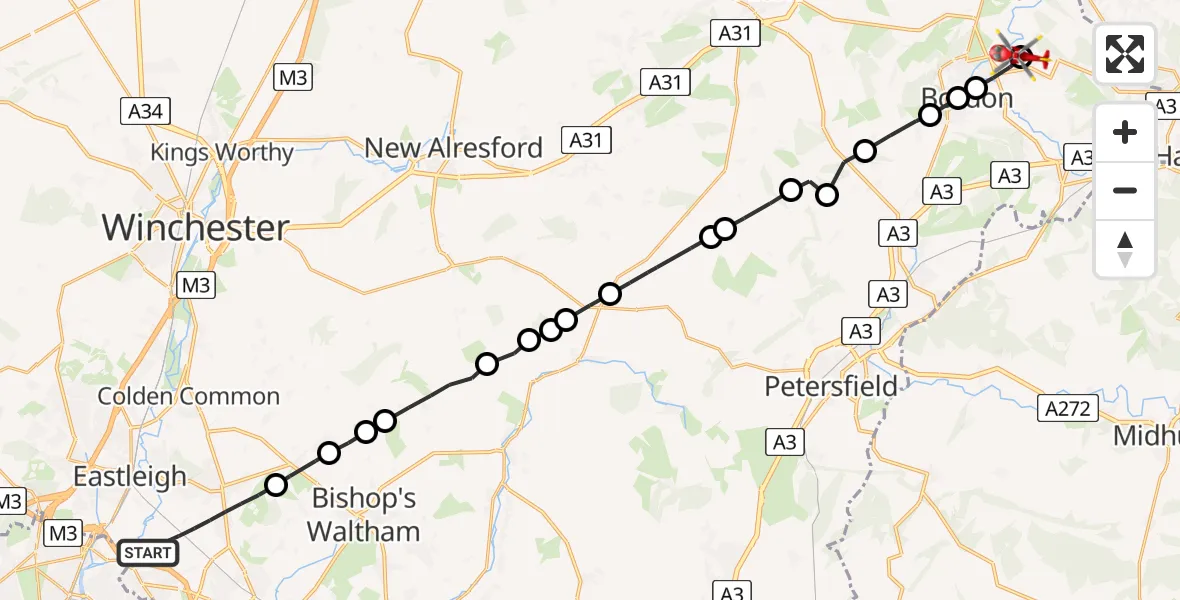Flight route Air Ambulance Helicopter Eastleigh - Headley, 28 July 2026, 18:43