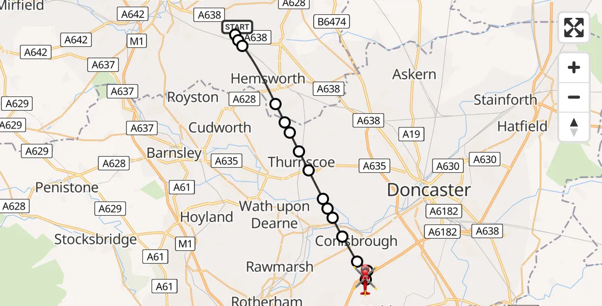 Flight route Air Ambulance Helicopter YAA Nostell Helicopter Port - Micklebring, 28 July 2026, 18:54