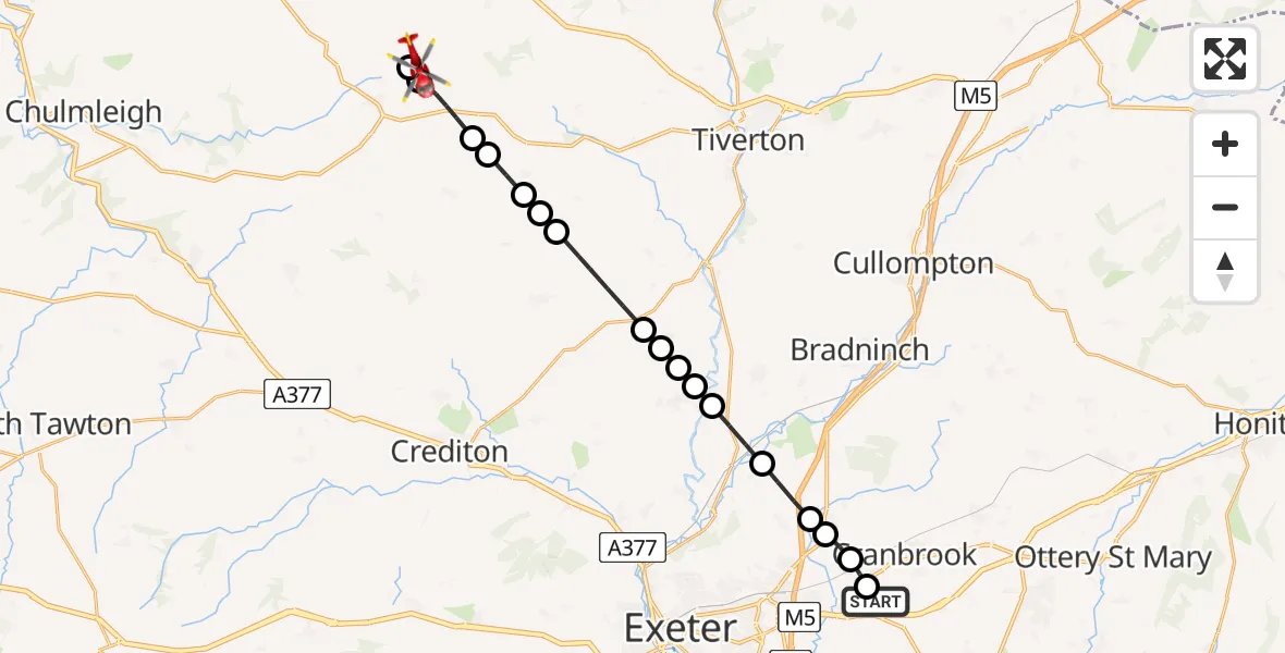 Flight route Air Ambulance Helicopter Exeter International Airport - North Devon, 28 July 2026, 19:23