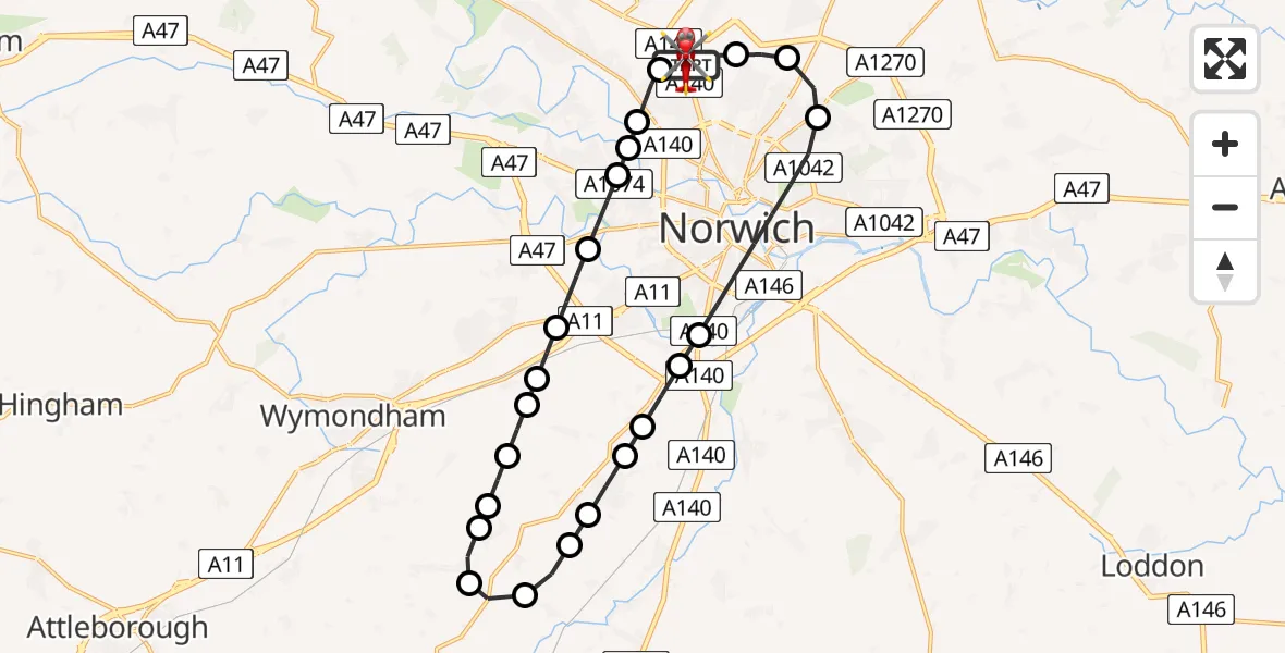 Flight route Air Ambulance Helicopter Norwich Airport - Norwich Airport, 28 July 2026, 19:40