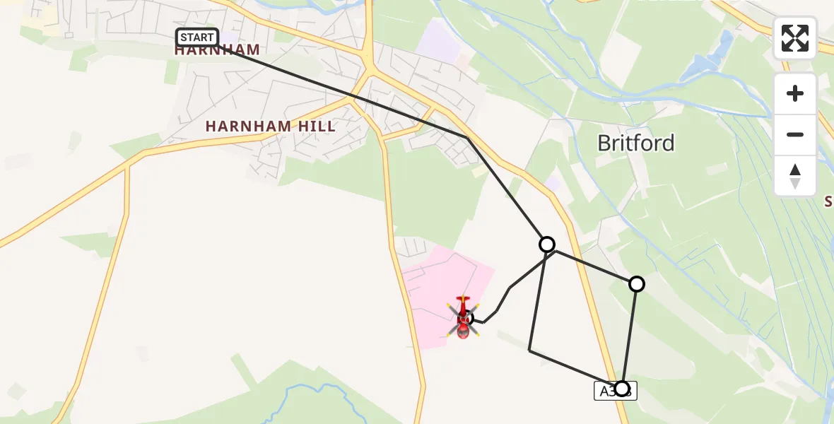 Flight route Air Ambulance Helicopter Salisbury - Salisbury District Hospital, 28 July 2026, 19:53