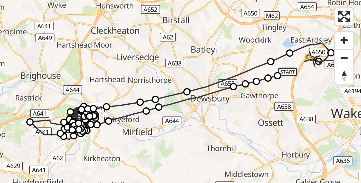 Flight route Police Helicopter Woodkirk - East Ardsley, 28 July 2026, 20:00
