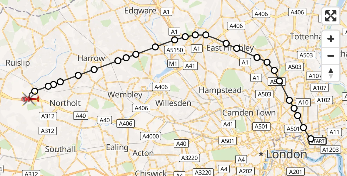 Flight route Air Ambulance Helicopter Royal London Hospital - RAF Northolt, 28 July 2026, 20:01