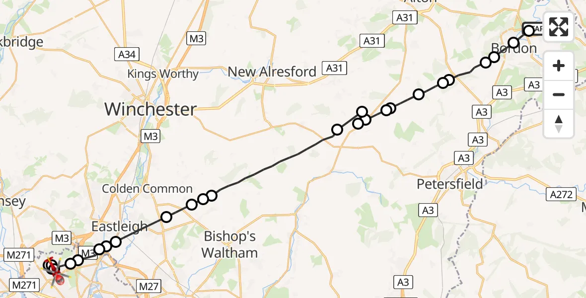 Flight route Air Ambulance Helicopter Headley - University Hospital Southampton, 28 July 2026, 20:10