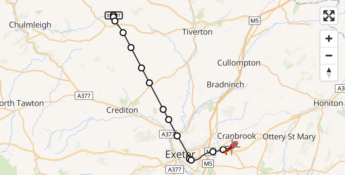 Flight route Air Ambulance Helicopter Witheridge - Exeter International Airport, 28 July 2026, 20:23