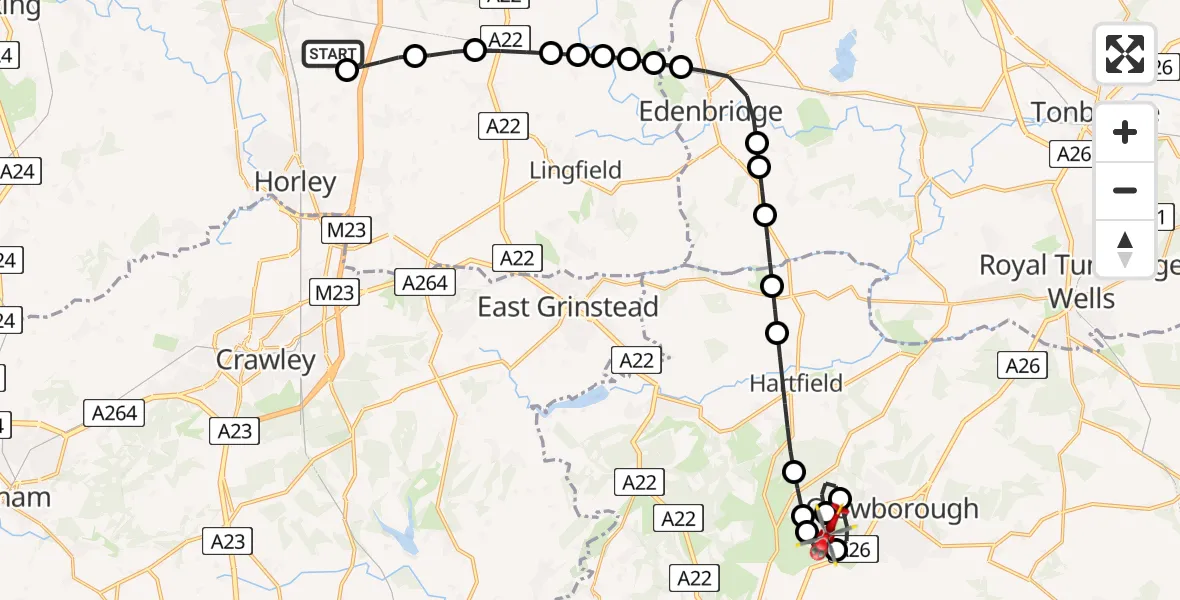 Flight route Air Ambulance Helicopter Redhill Aerodrome - Crowborough, 28 July 2026, 20:41