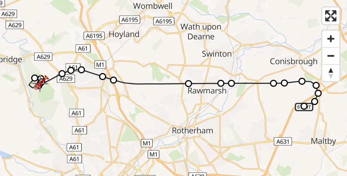 Flight route Air Ambulance Helicopter Micklebring - Barnsley, 28 July 2026, 20:42