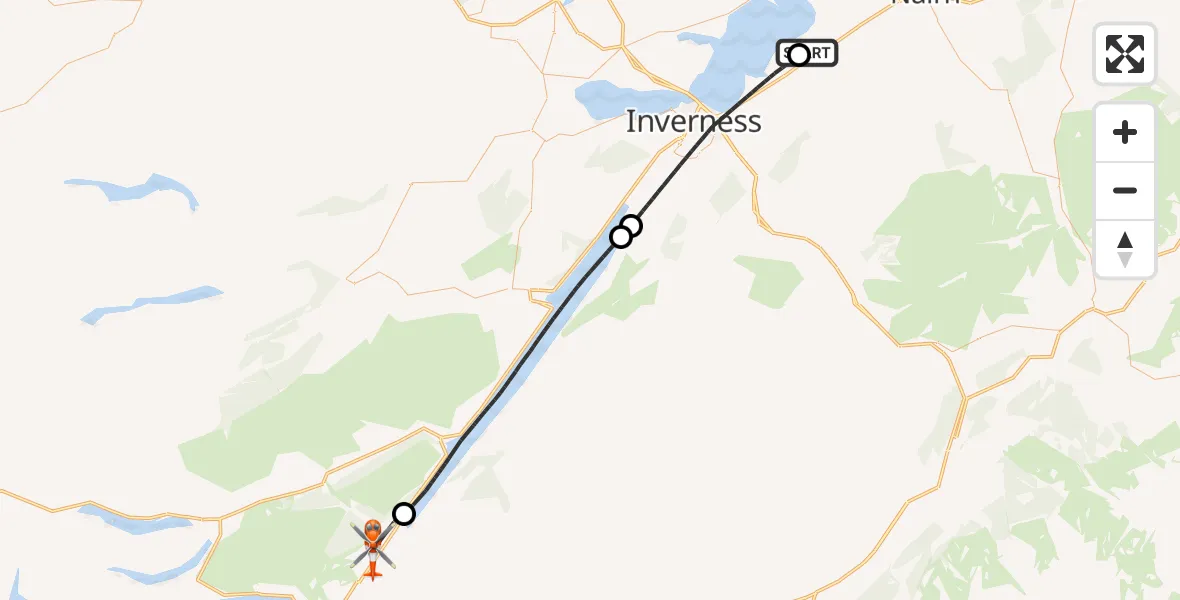 Flight route Coastguard Helicopter Inverness Airport - Highland, 28 July 2026, 20:57