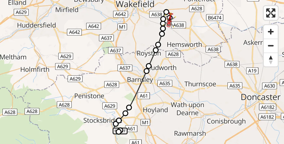 Flight route Air Ambulance Helicopter Barnsley - YAA Nostell Helicopter Port, 28 July 2026, 20:57