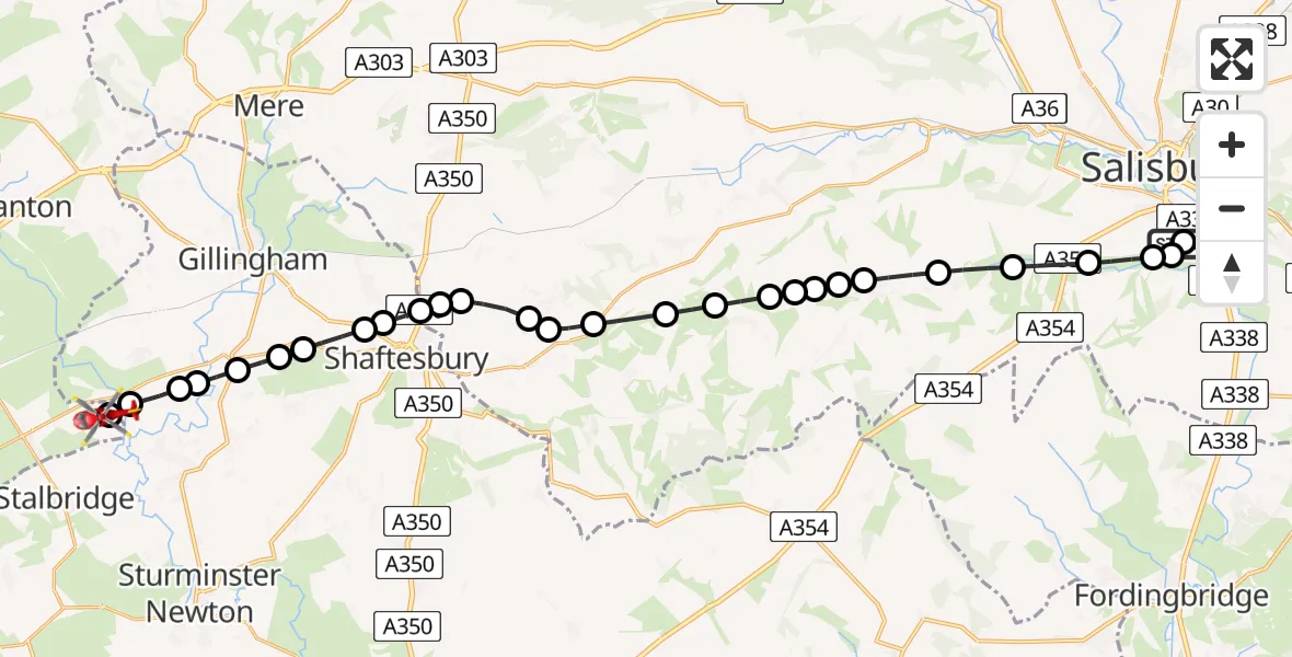 Flight route Air Ambulance Helicopter Salisbury District Hospital - Henstridge Airfield, 28 July 2026, 21:05