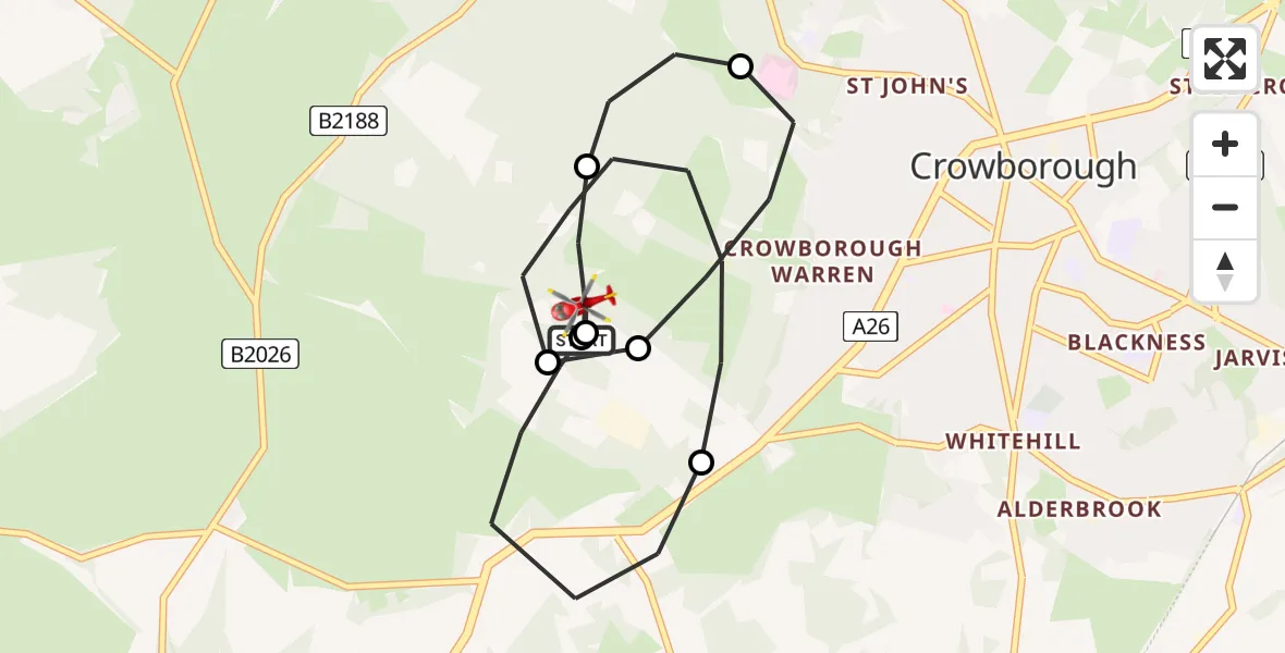 Flight route Air Ambulance Helicopter Crowborough - Crowborough, 28 July 2026, 21:07