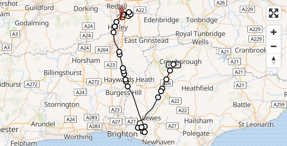 Flight route Air Ambulance Helicopter Crowborough - Redhill Aerodrome, 28 July 2026, 21:22