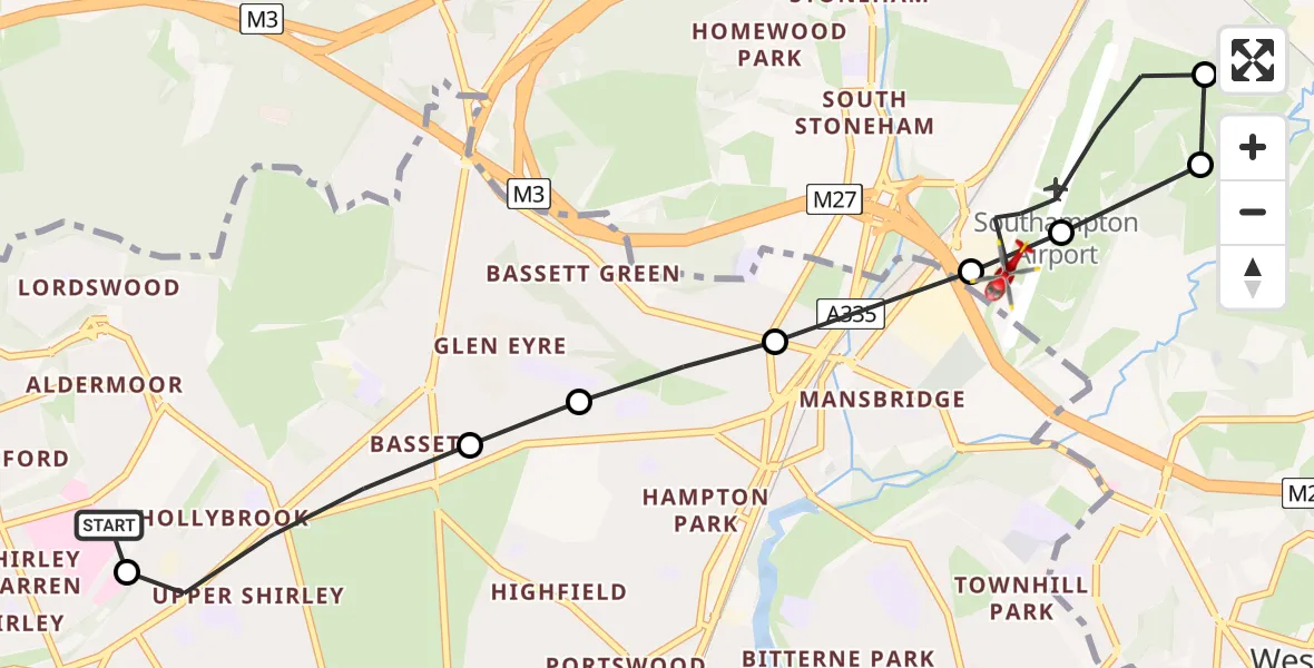 Flight route Air Ambulance Helicopter University Hospital Southampton - Southampton Airport, 28 July 2026, 21:37