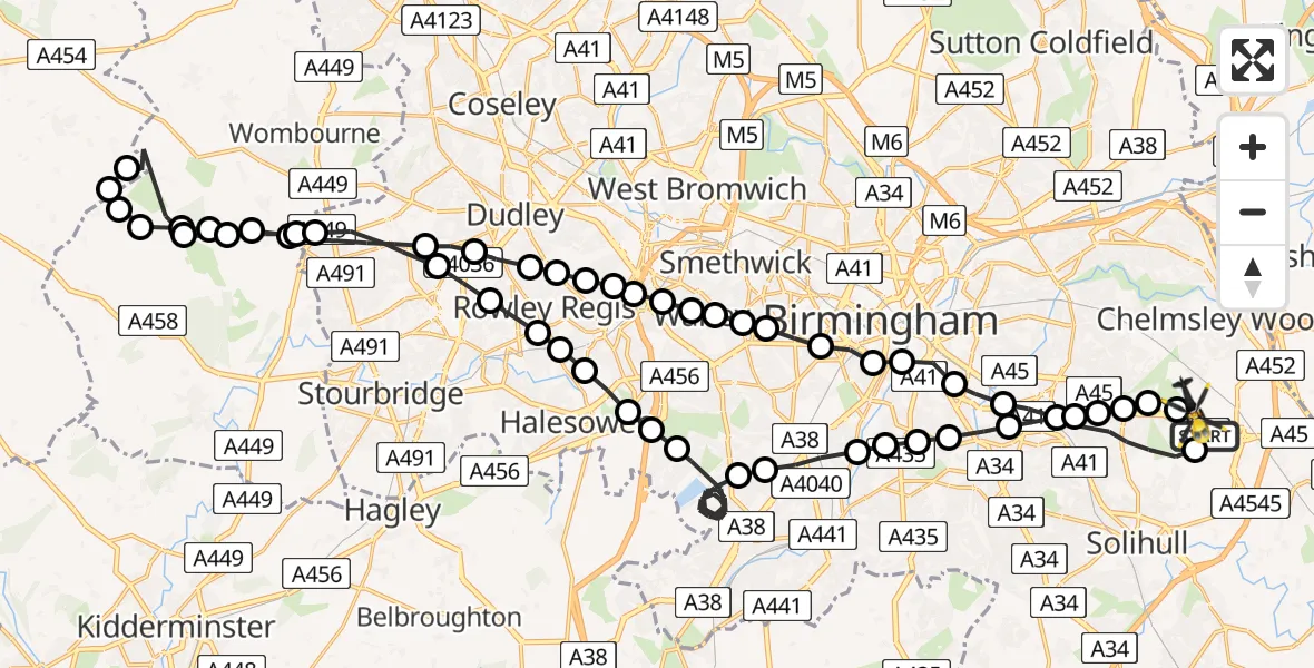 Flight route Police Helicopter Birmingham Airport - Birmingham Airport, 28 July 2026, 22:04