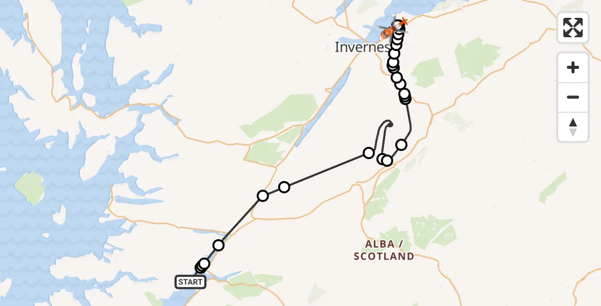 Flight route Coastguard Helicopter Inner Seas - Inverness Airport, 28 July 2026, 22:18