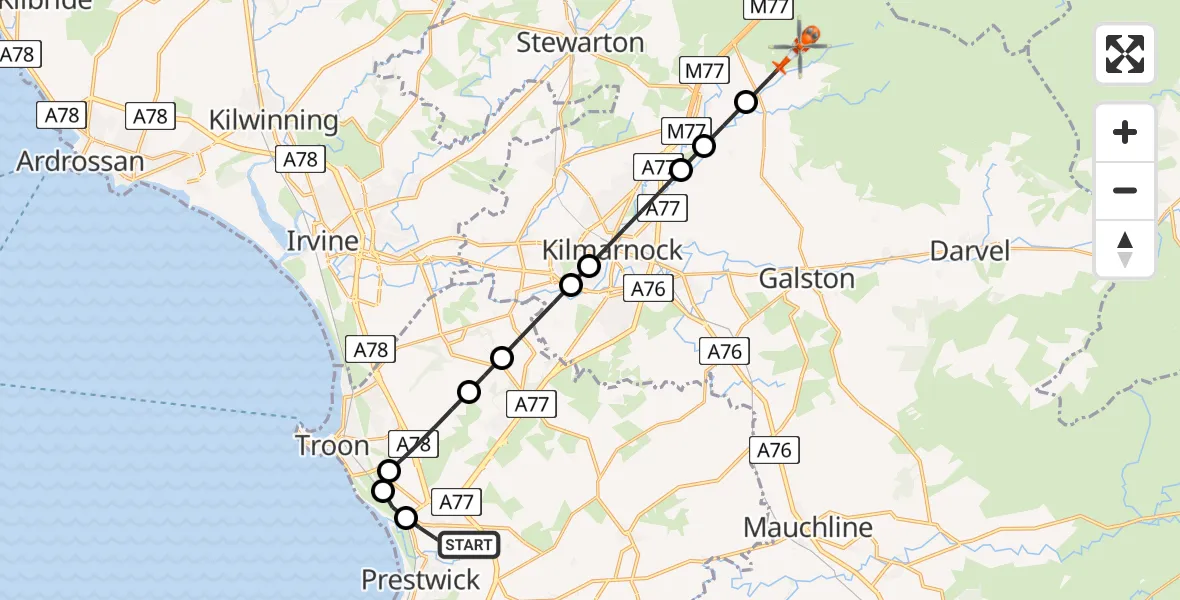 Flight route Coastguard Helicopter Glasgow Prestwick Airport - Hunter's Meadow, 28 July 2026, 22:21