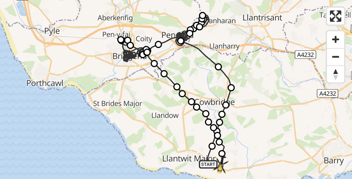 Flight route Police Helicopter Boverton - MOD St Athan, 28 July 2026, 23:40