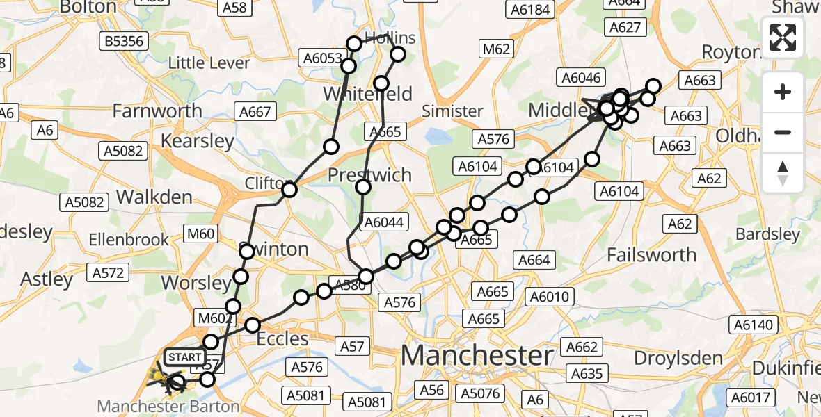 Flight route Police Helicopter Worsley - Manchester Barton Aerodrome, 29 July 2026, 00:21