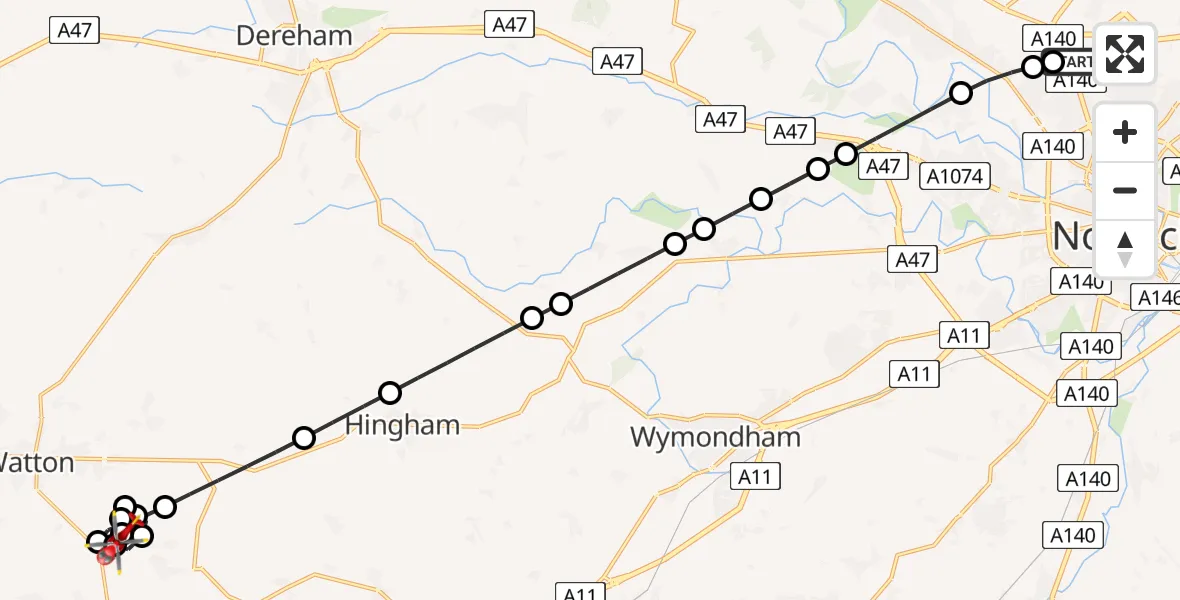 Flight route Air Ambulance Helicopter Norwich Airport - Breckland, 29 July 2026, 00:23