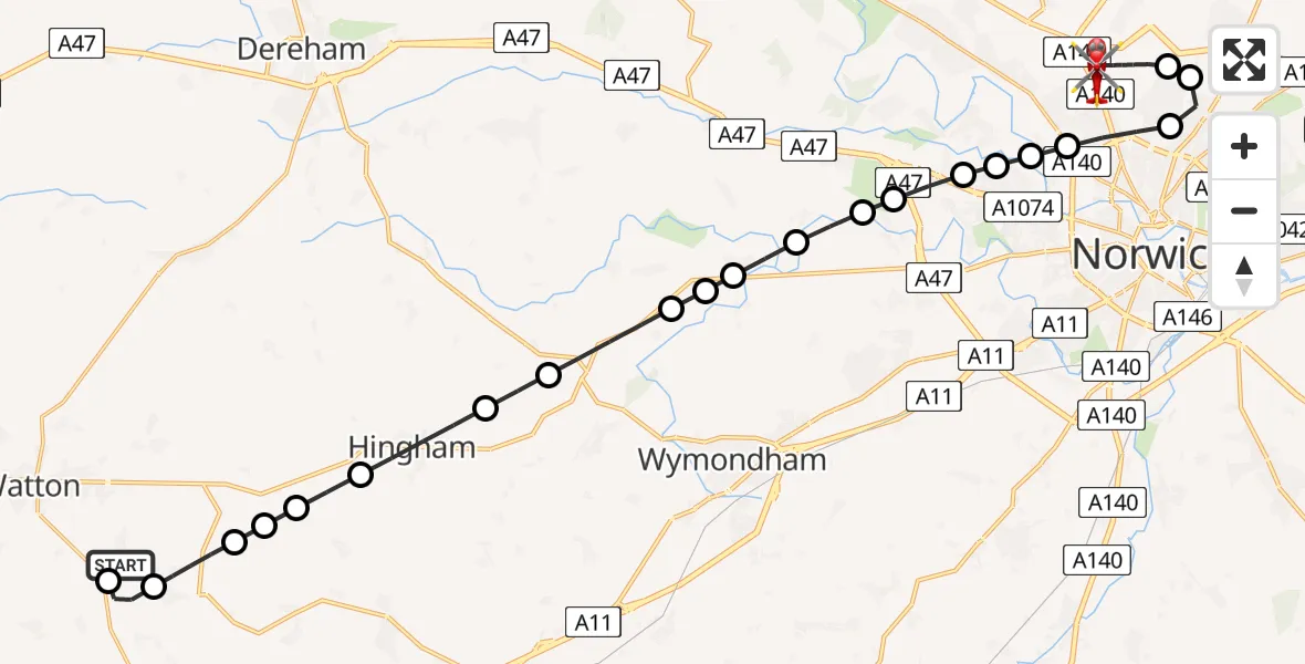 Flight route Air Ambulance Helicopter Caston - Norwich Airport, 29 July 2026, 01:21