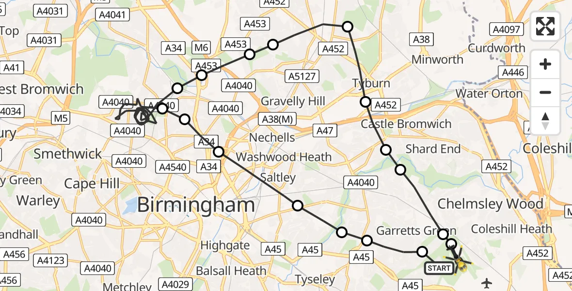 Flight route Police Helicopter Garretts Green - Birmingham Airport, 29 July 2026, 02:11