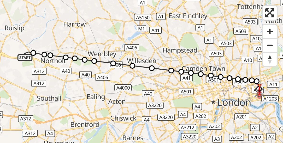 Flight route Air Ambulance Helicopter RAF Northolt - Royal London Hospital, 29 July 2026, 06:38