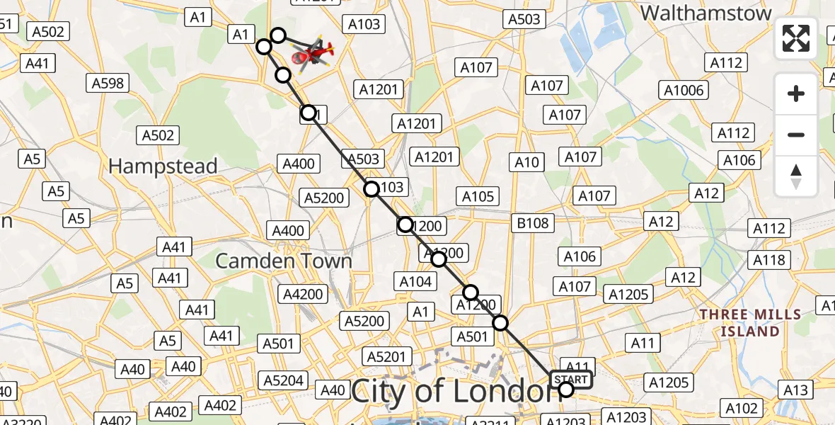 Flight route Air Ambulance Helicopter Royal London Hospital - Crouch End, 29 July 2026, 07:05