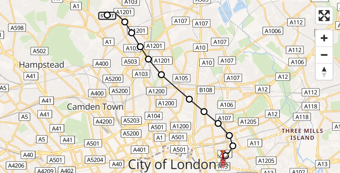 Flight route Air Ambulance Helicopter Crouch End - Royal London Hospital, 29 July 2026, 08:05