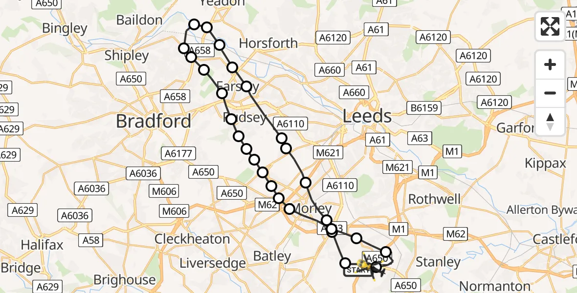 Flight route Police Helicopter East Ardsley - East Ardsley, 29 July 2026, 08:16