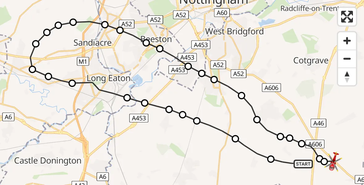 Flight route Air Ambulance Helicopter Widmerpool - Hickling, 29 July 2026, 08:36