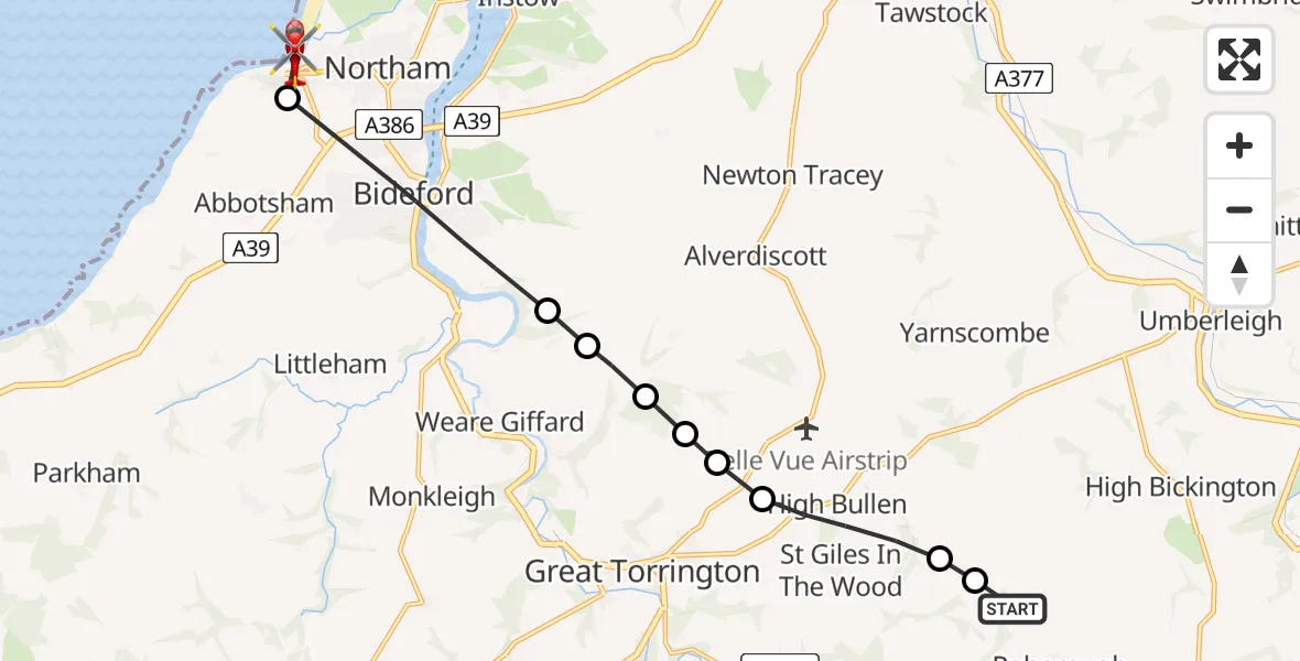 Flight route Air Ambulance Helicopter Roborough - Westward Ho!, 29 July 2026, 08:40