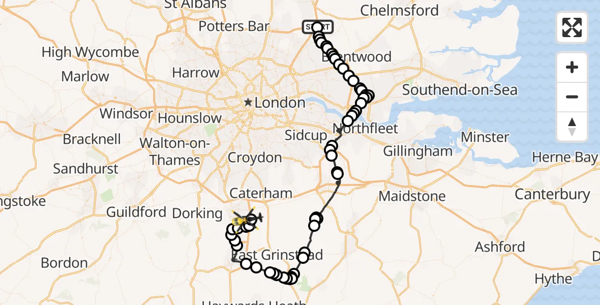 Flight route Police Helicopter Coopersale - Tandridge, 29 July 2026, 08:40