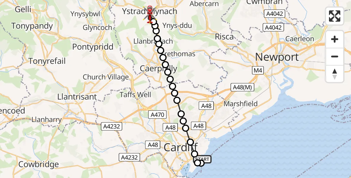 Flight route Air Ambulance Helicopter Cardiff Heliport - Maesycwmmer, 29 July 2026, 08:41
