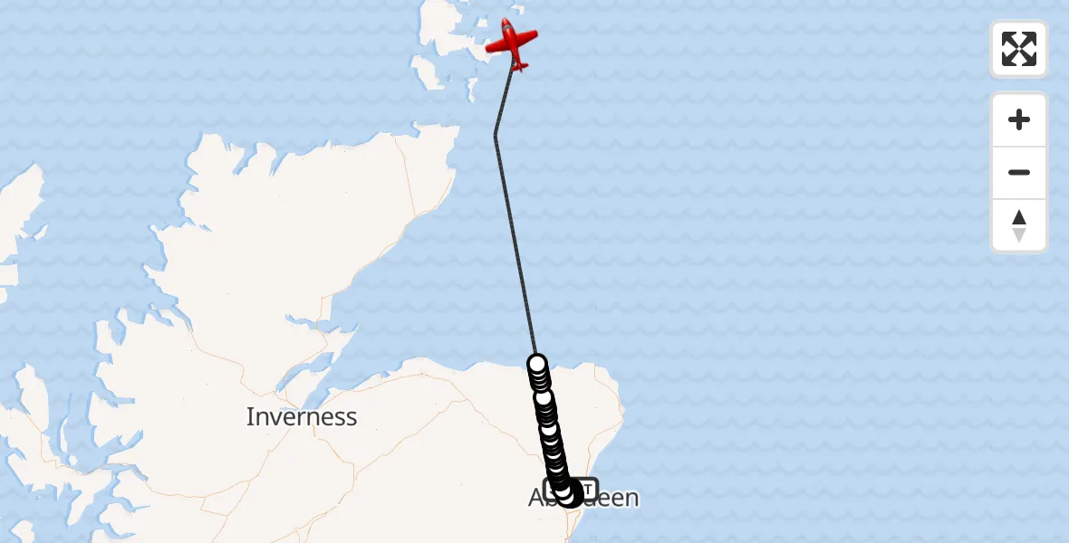 Flight route Air Ambulance Aircraft Aberdeen International Airport - North Sea, 29 July 2026, 08:55