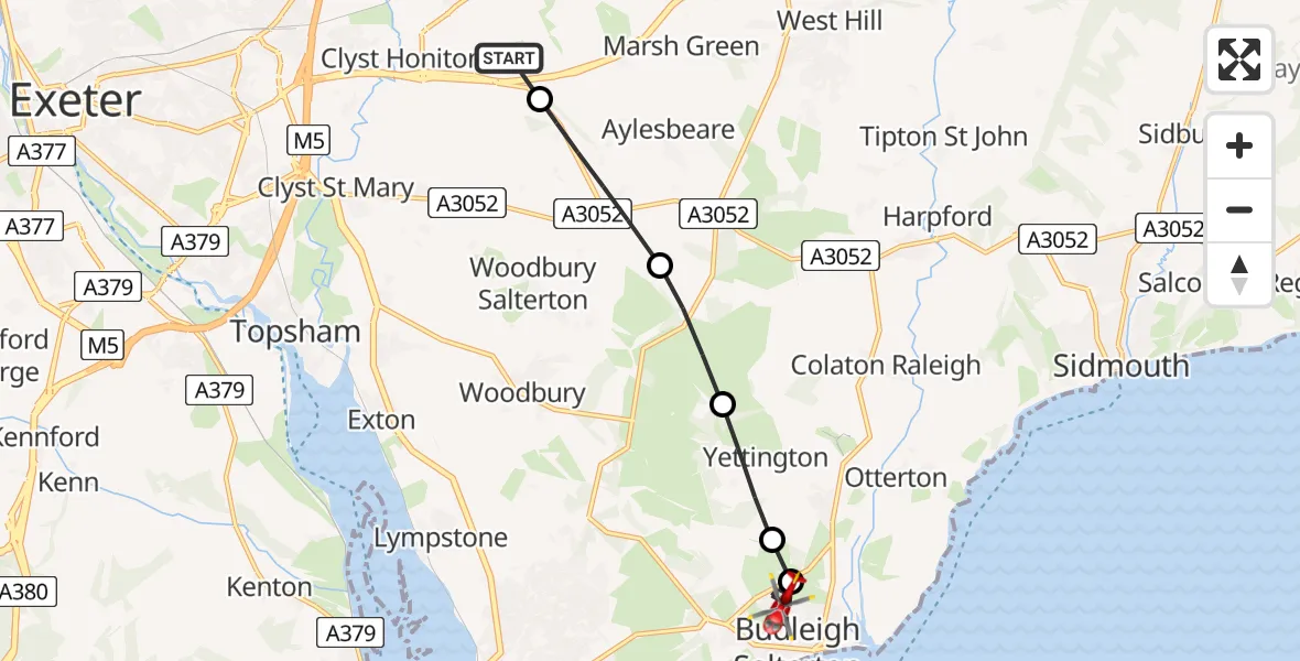 Flight route Air Ambulance Helicopter Exeter International Airport - Knowle, 29 July 2026, 09:05